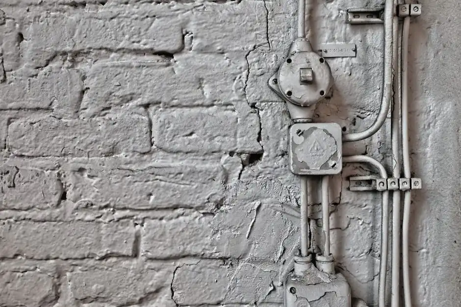 A vintage brick wall featuring aged electrical wires and boxes, showcasing industrial design.